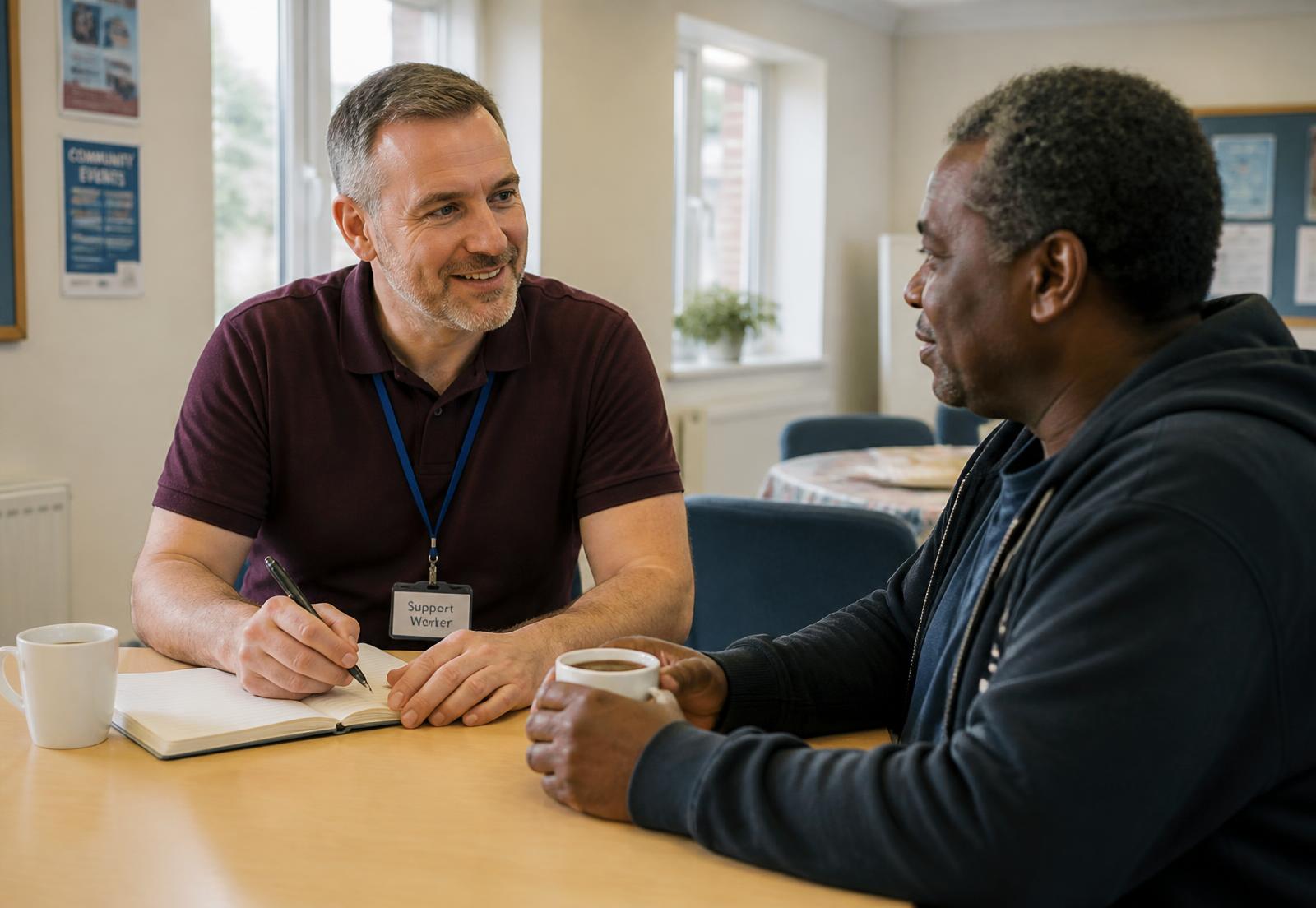 A support worker talking with a resident